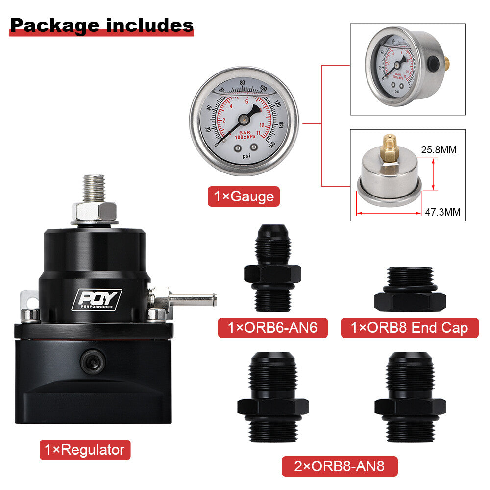 Black Adjustable Fuel Pressure Regulator Kit Oil 0-160psi Gauge -6AN AN8/ORB-8