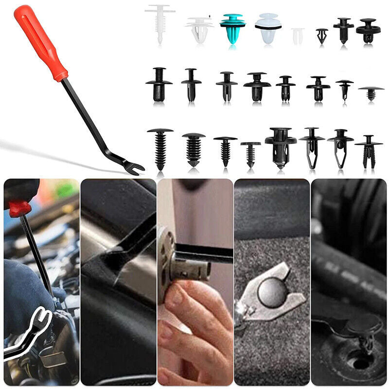 821-piece car fastener kit with decorative plastic clips, rivets, and bumper fasteners.