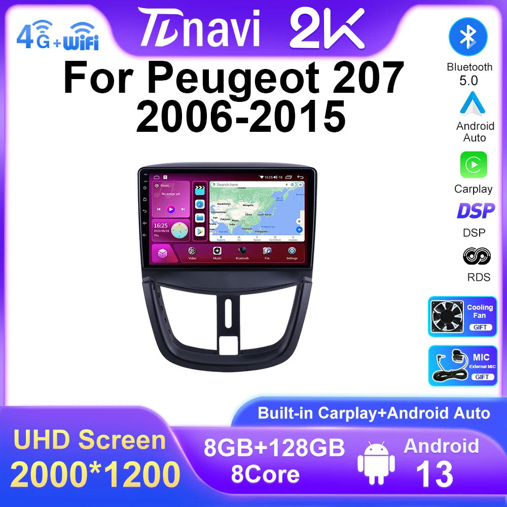 for Peugeot 207 2006-2015 Android CarPlay Car Radio GPS Multimedia Stereo Screen