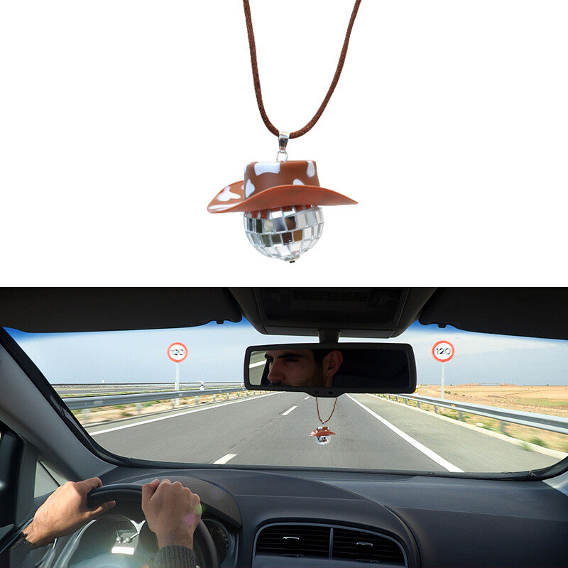 Cowboy Hat Disco Ball Car Ornamen Rearview Mirror Hang Acessory Rope Cow Brown