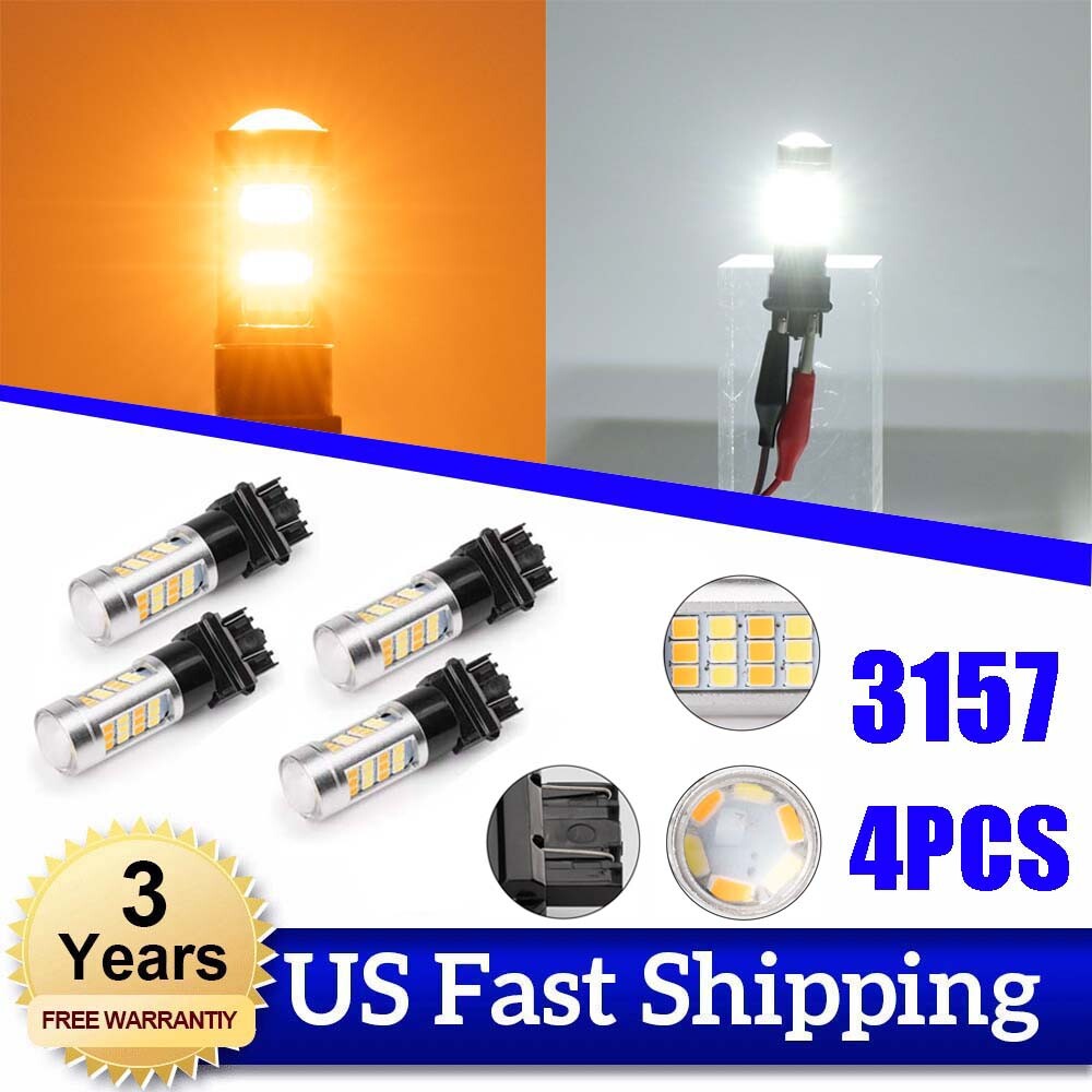 4 White/Amber 3157 DC12V 10W LED DRL Switch Turn Signal Parking Bulbs