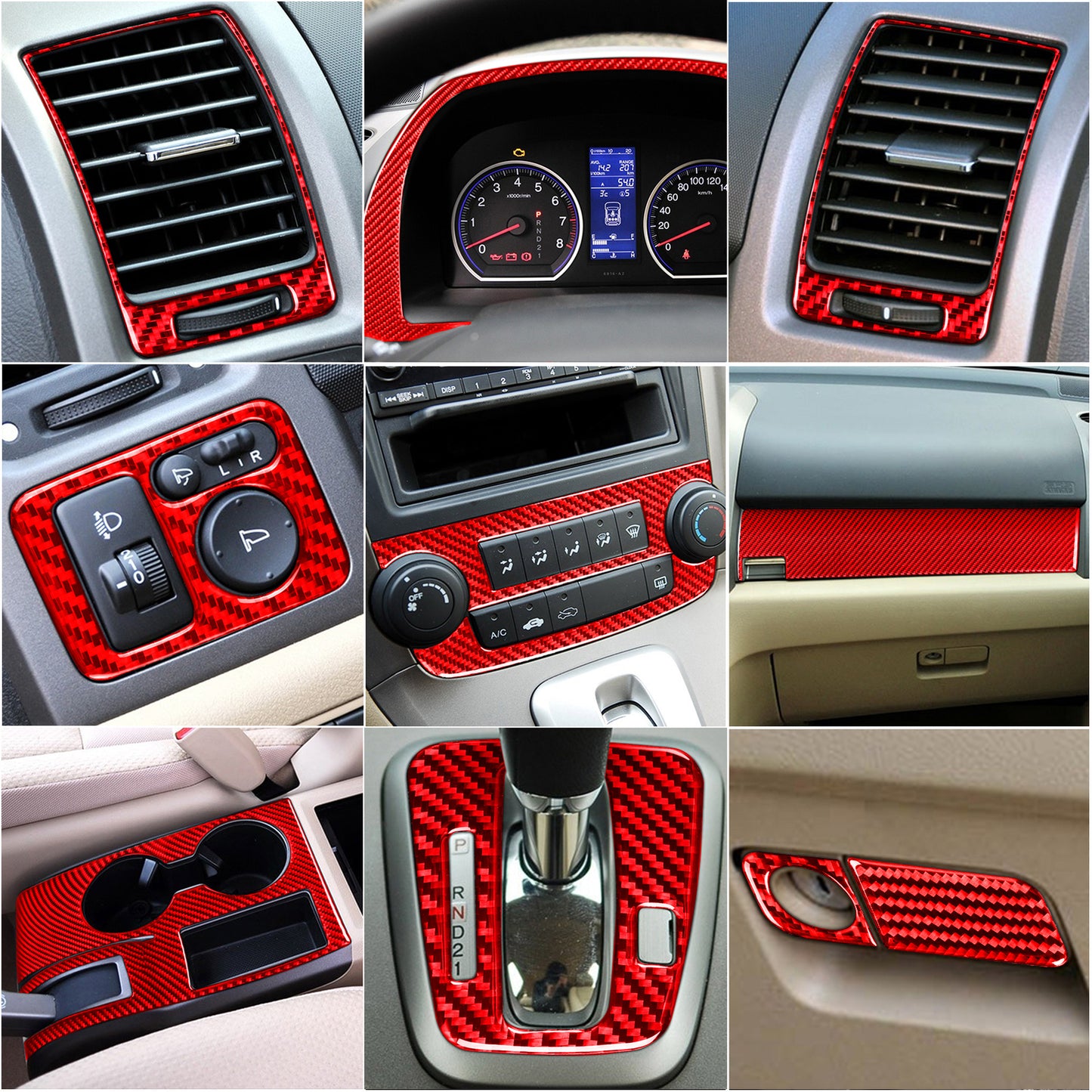 20PCS Red Carbon Fiber Daahboard Interior Set Kit Trim for Honda CR-V 2007-2011