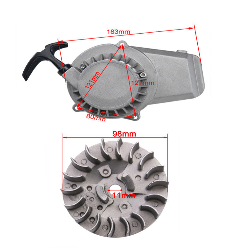 2-stroke 49cc clutch starter flywheel kit for mini pocket dirt pit bikes and all-terrain vehicles.