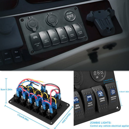 Auto Waterproof 6 Button Panel Cigarette Lighter Adapter Dual USB Red Voltmeter
