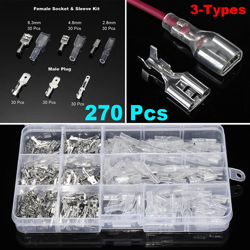 270Pcs 2.8/4.8/6.3mm Car Male Female Wire Spade Connector Cable Crimp Terminals