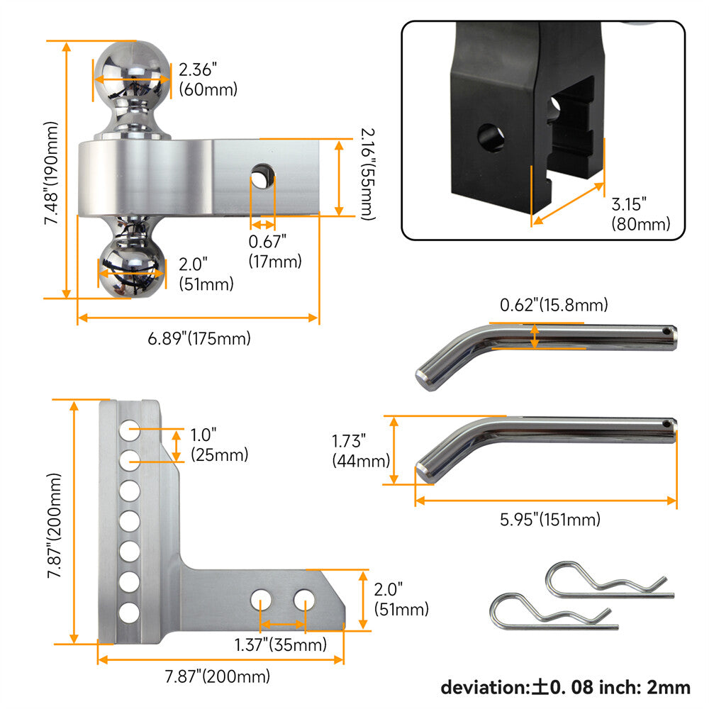 2 Receiver 6 Drop/Rise Towing Hitch Dual Ball Trailer pins 2 2-5/16