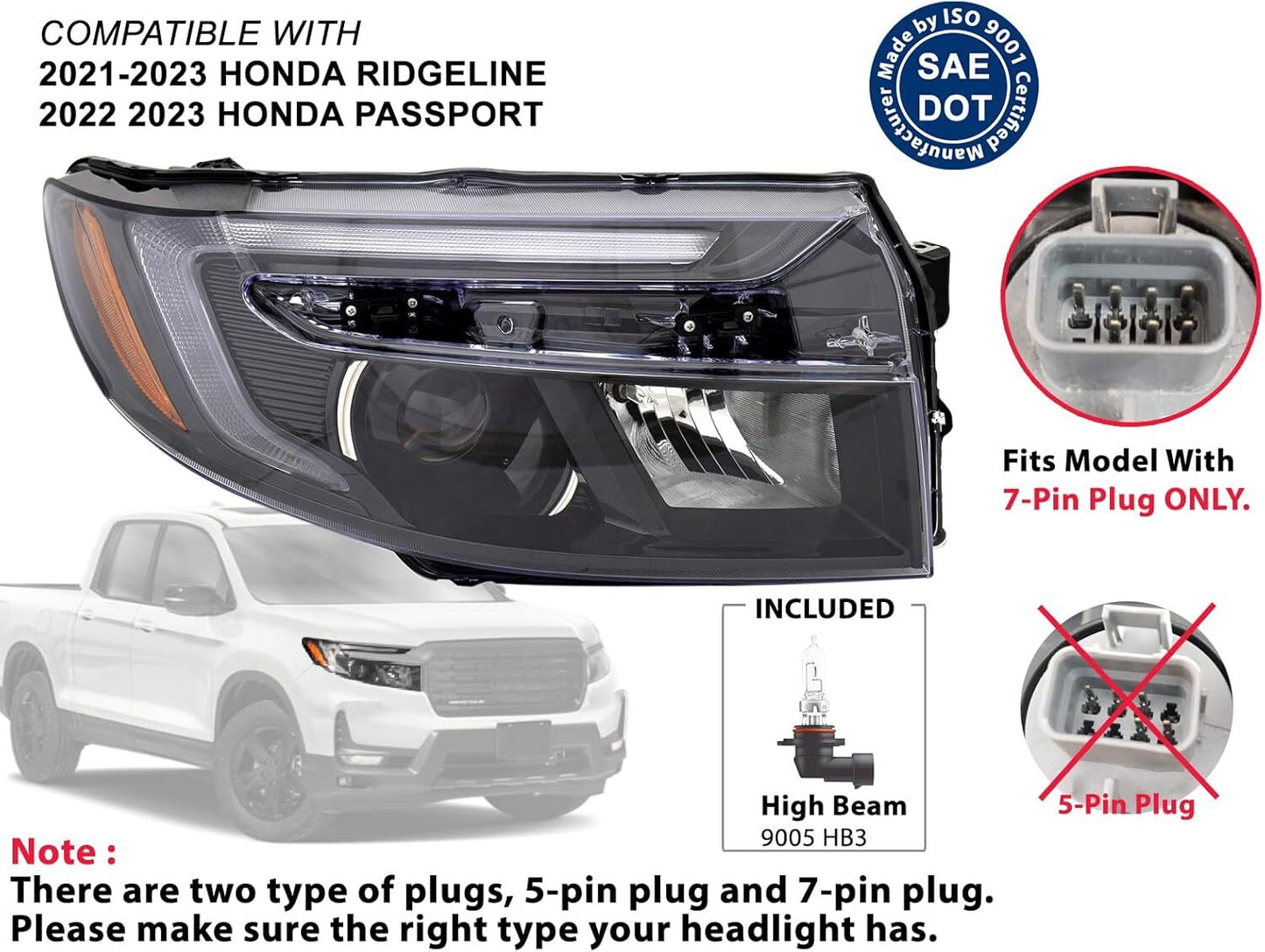 Headlight W/ 7-Pin Plug for Honda Ridgeline Passport 2021-2023 Left RH Passenger