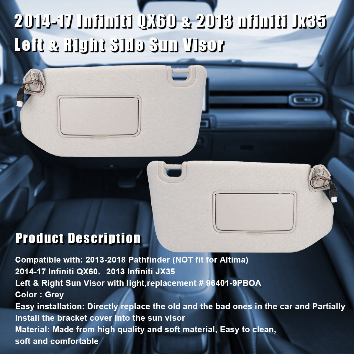 Sun Visor With Light For 13-18 Pathfinder 14-17 for Infiniti QX60 Right+Left Side AU