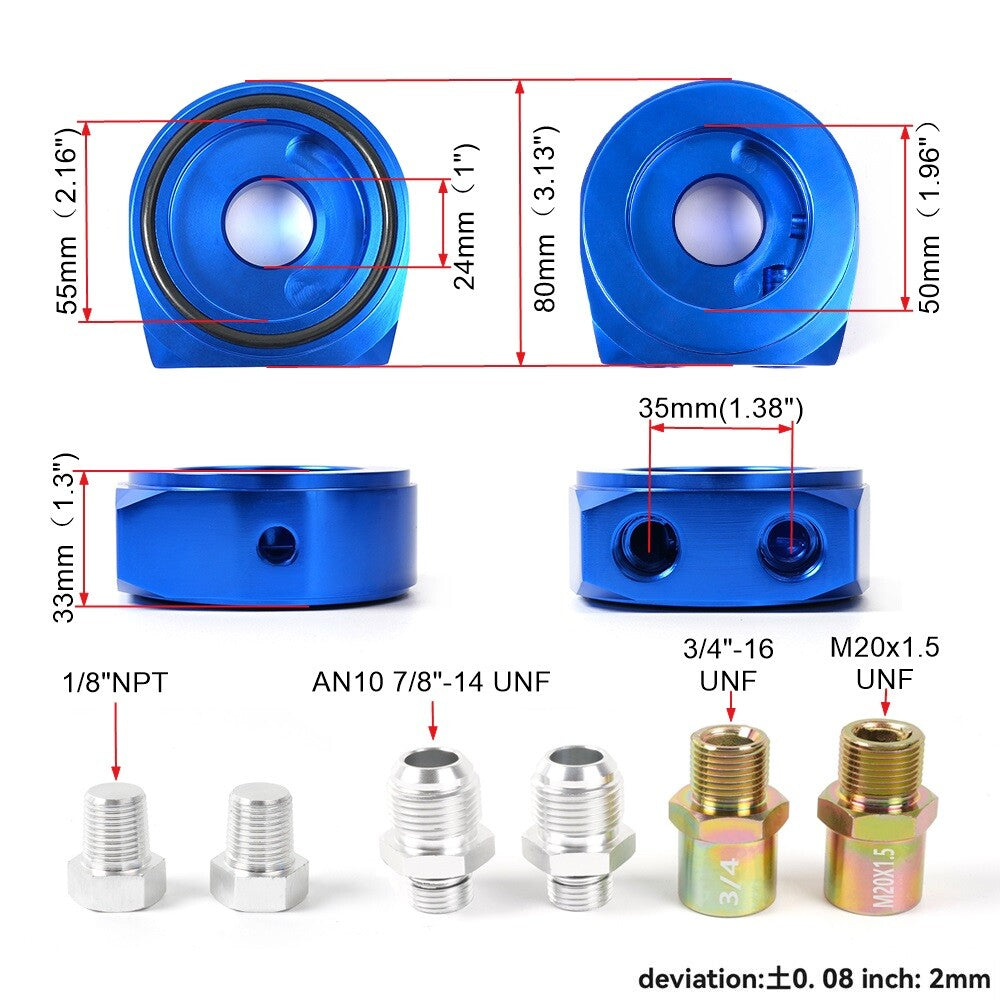 Blue Aluminum Oil Filter/Cooler Sandwich AN10 Block Adapter Gauge Sensor Plate