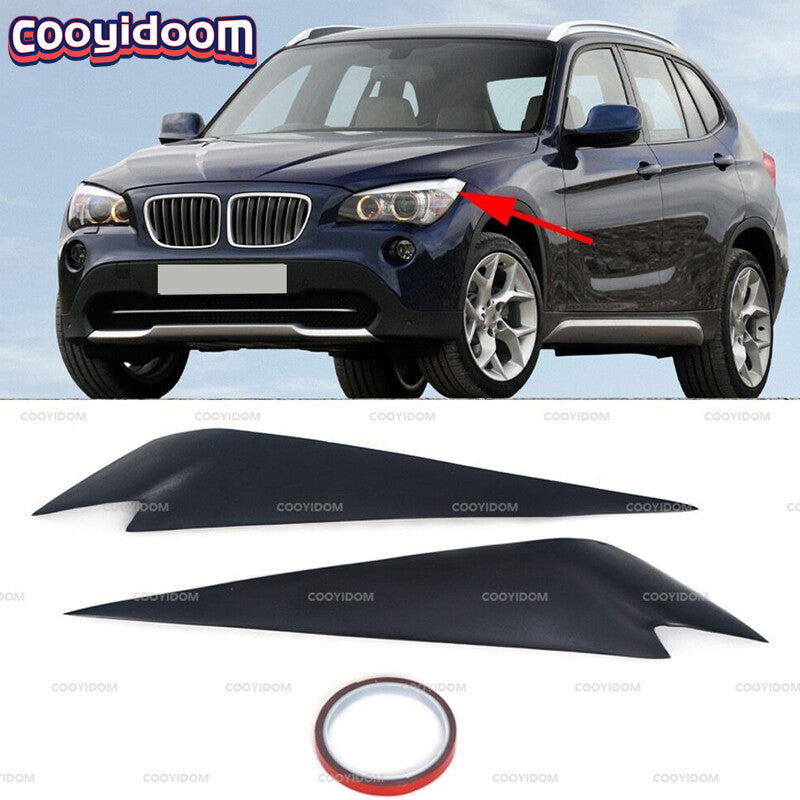 A pair of black headlight brow-shaped cover eyelid trims for 2009-2014 for BMW X1 E84