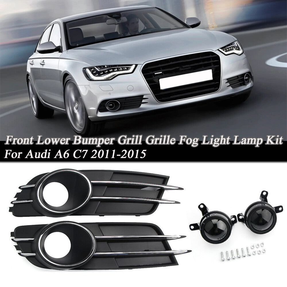 2-Piece Front Bumper Fog Light + Grille Cover Set for 2011-2015 for Audi A6 C7