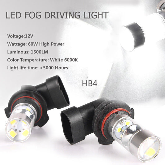 HB4/9006 Auto Car DRL LED Fog Driving Light Bulbs Super White 1500LM 60W Pair