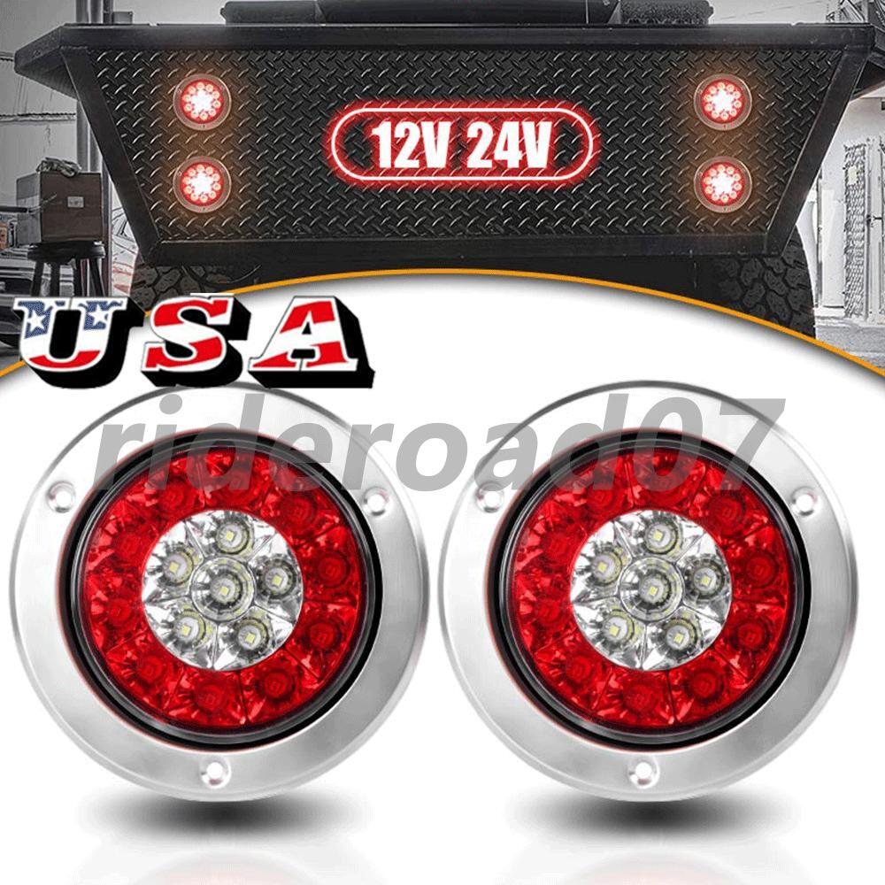2X 16 LED Red White 4 Round Truck Trailer RV Brake Stop Turn Signal Tail Lights