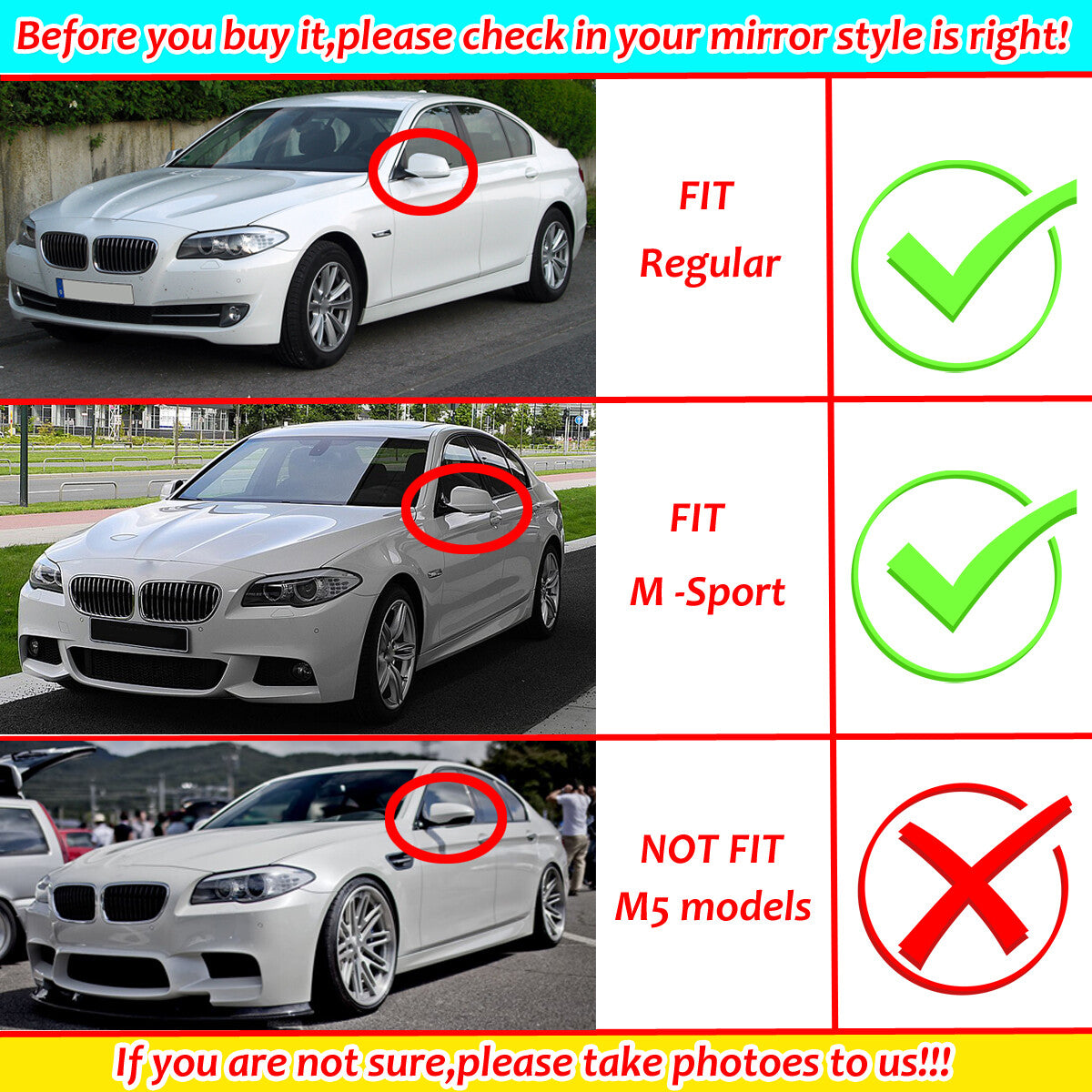 Glossy black side mirror caps for BMW 5 Series F10 F11 535i 528i Pre-LCI M5