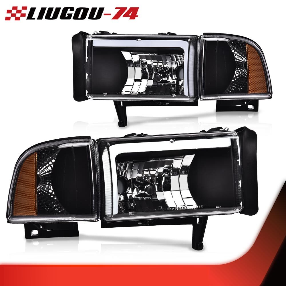 Suitable for 94-02 for Dodge for Ram 1500-3500, black housing, amber corner LED DRL headlights.