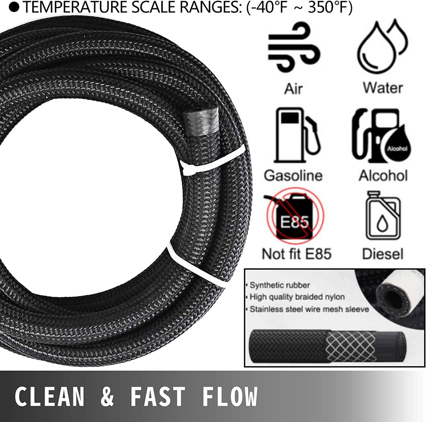 10AN Black Nylon E85 CPE Fuel Gas Oil Line 33FT 20PCS Fittings Hose Kit Black