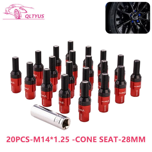 20PCS 28mm M14x1.25 Wheel Lug Bolts Cone for Seat Studs Set for Most Aftermarket Red