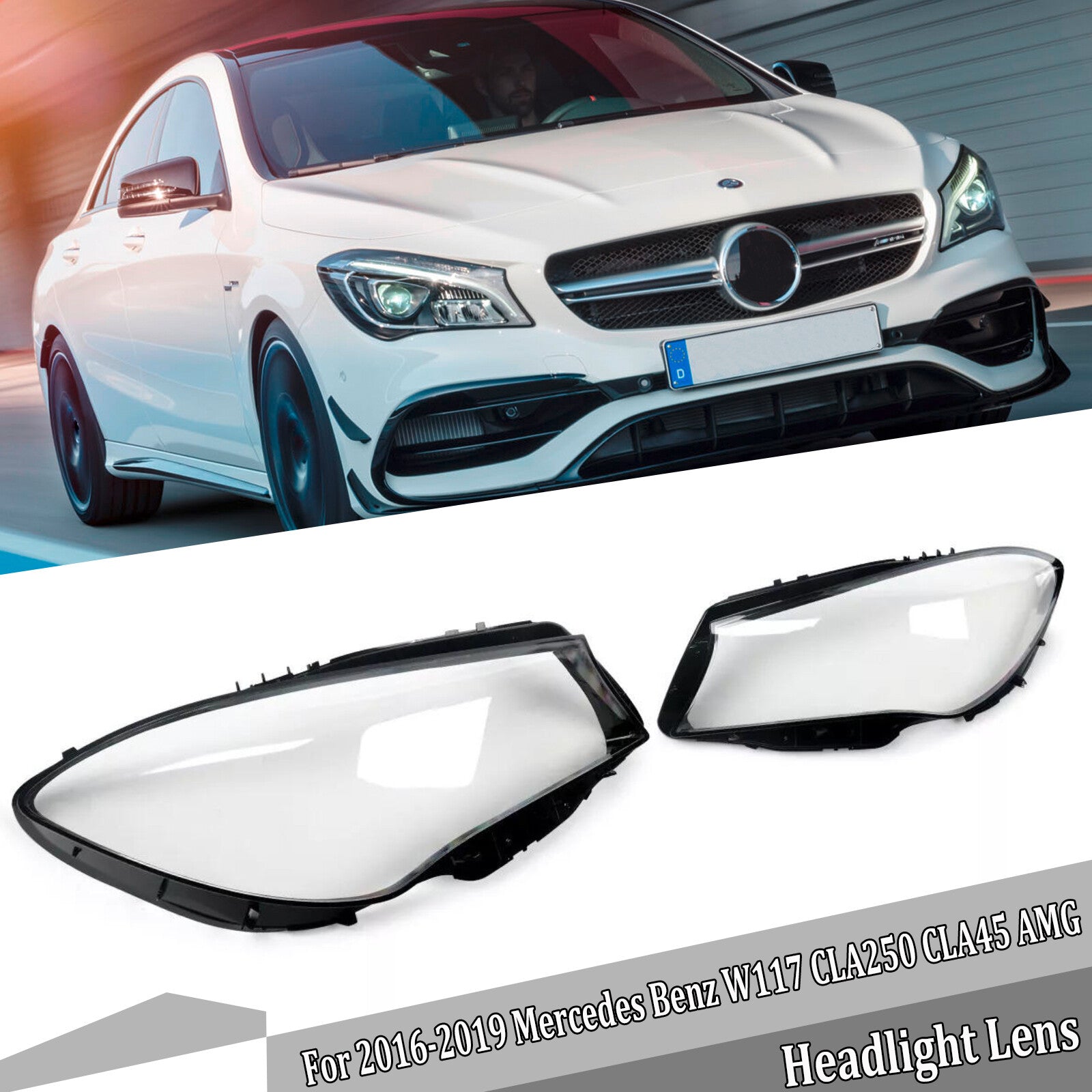 2x Front Headlight Lens Cover LampShade For 2016-2019 for Mercedes-Benz W117 CLA45