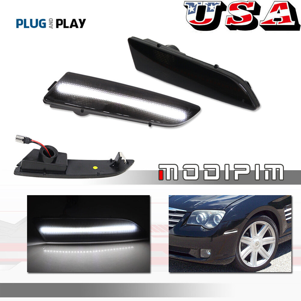 The front side is marked with white LED lights applicable to for Chrysler Crossfire vehicles in 04, 05, 06, 07, and 08.