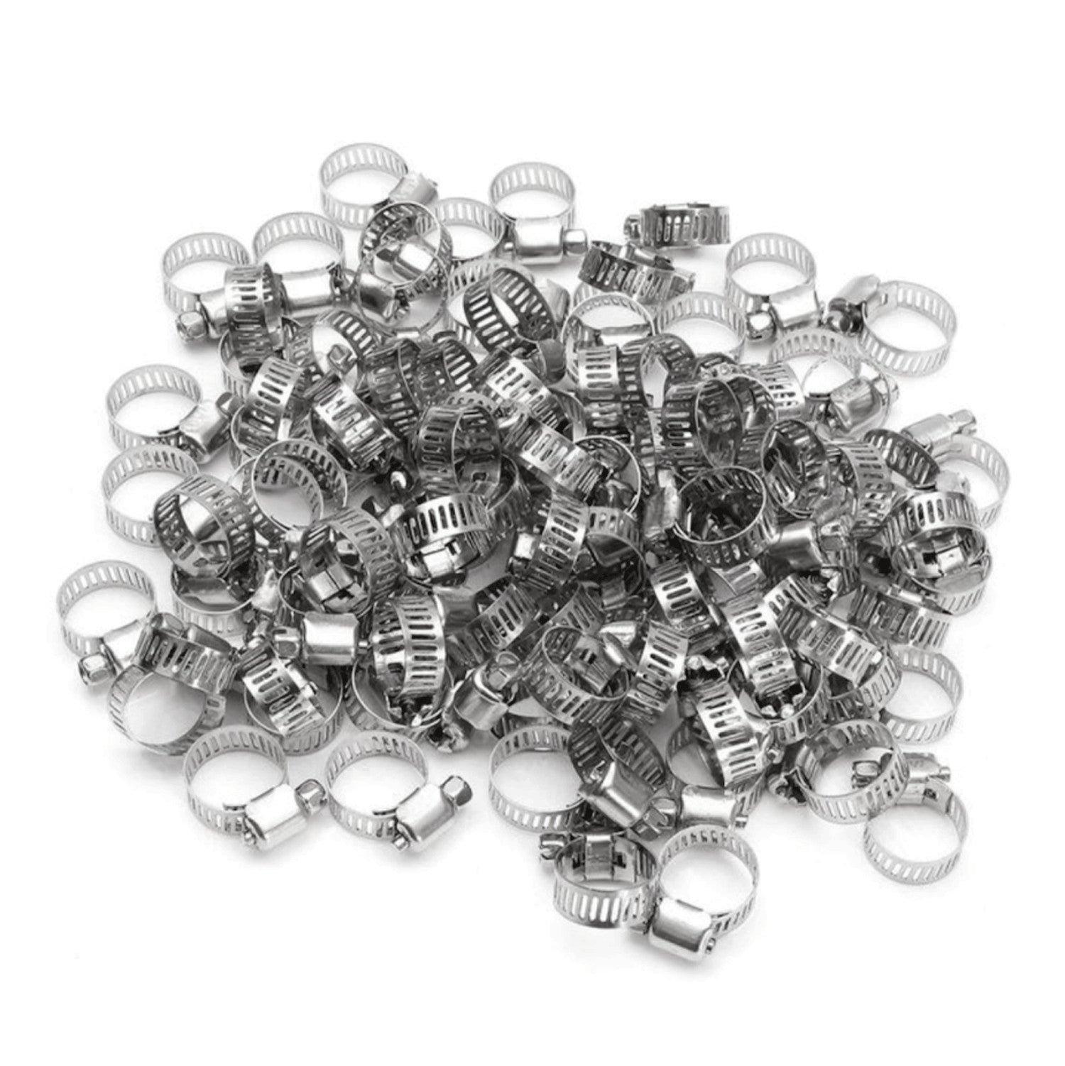 50-pack of hose clamps, 3/8 inch to 5/8 inch adjustable steel strap worm clamps, 304S fuel line clamps.