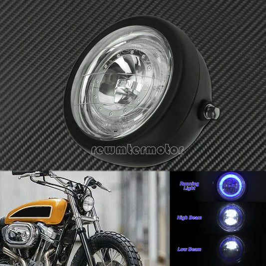 6.5 Front Headlight Grill Blue Halo Lamp Fit for Harley Sportster Cafe Racer