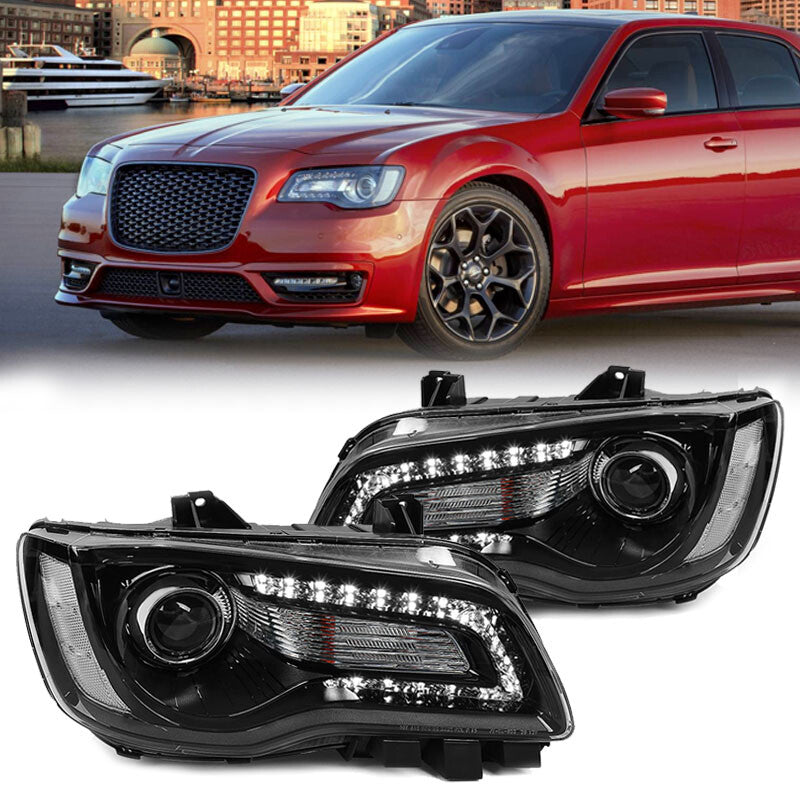 For 2015-2023 for Chrysler 300 Halogen LED DRL Projector Headlights Headlamps Black