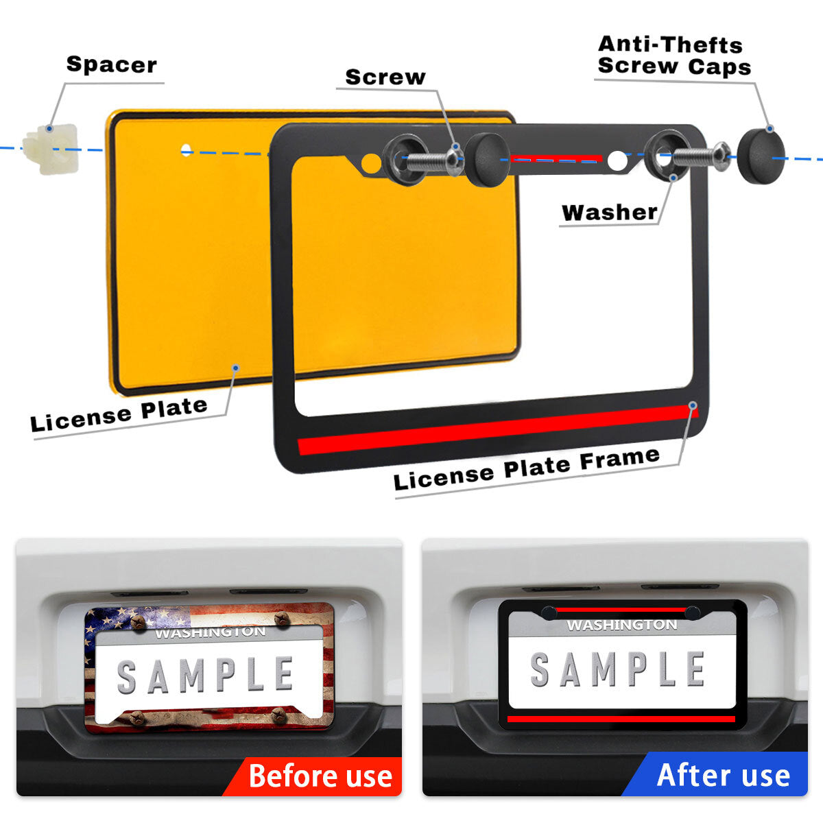 2pcs Metal Red Line Car License Plate Frame Front & Rear Tag Covers for Toyota