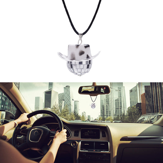 Cowboy Hat Disco Ball Car Ornamen Rearview Mirror Hang Acessory Rope Cow White