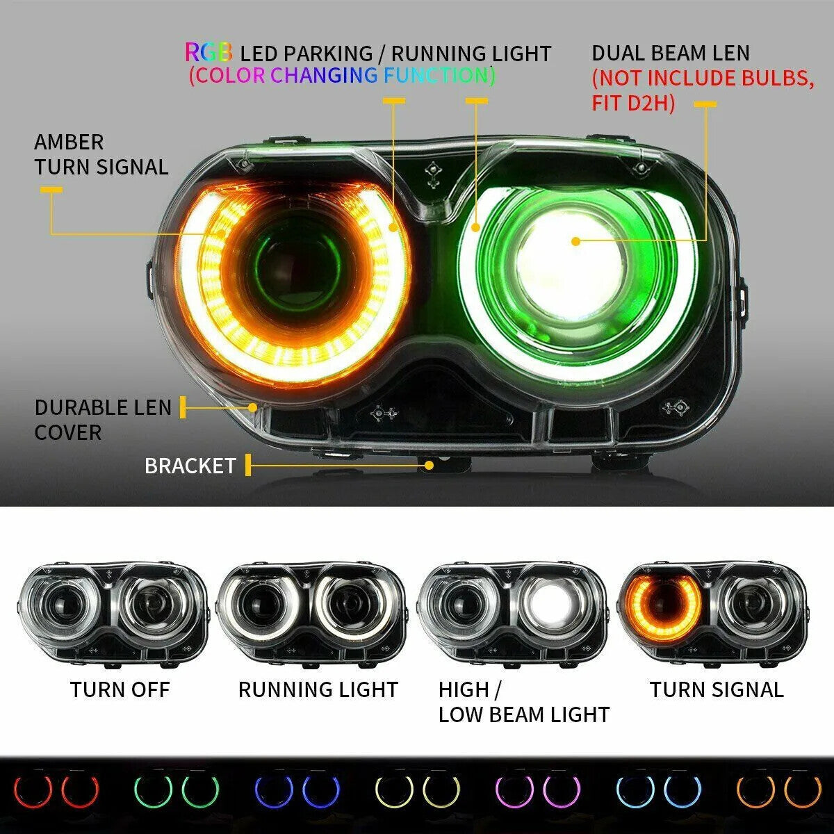 1 Pair Headlights RGB DRL Set for 2015-2023 for Dodge for Challenger Front Lamps