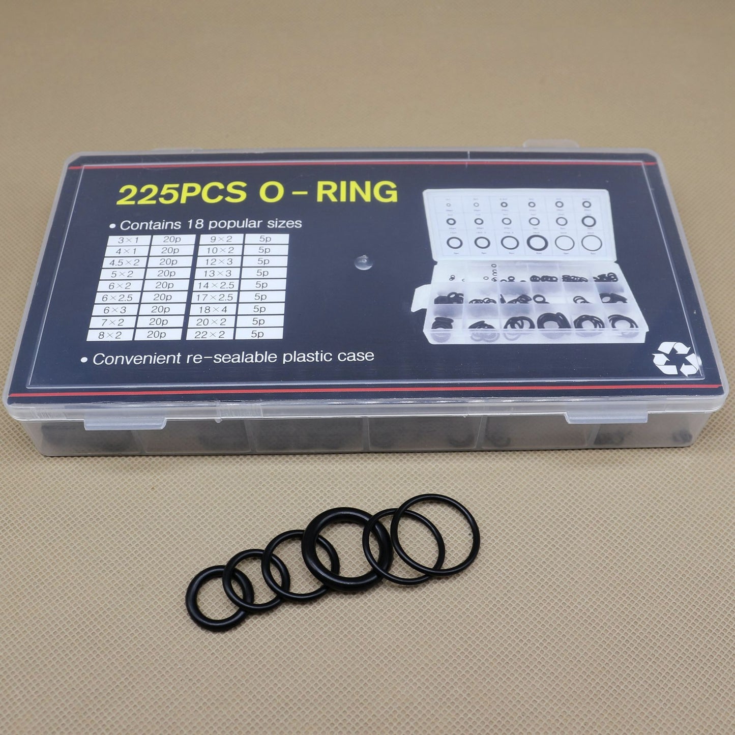 18 Sizes of Rubber O-Ring Washing Machine Gasket Sets and Automotive Sealing Kits (225 Pieces)