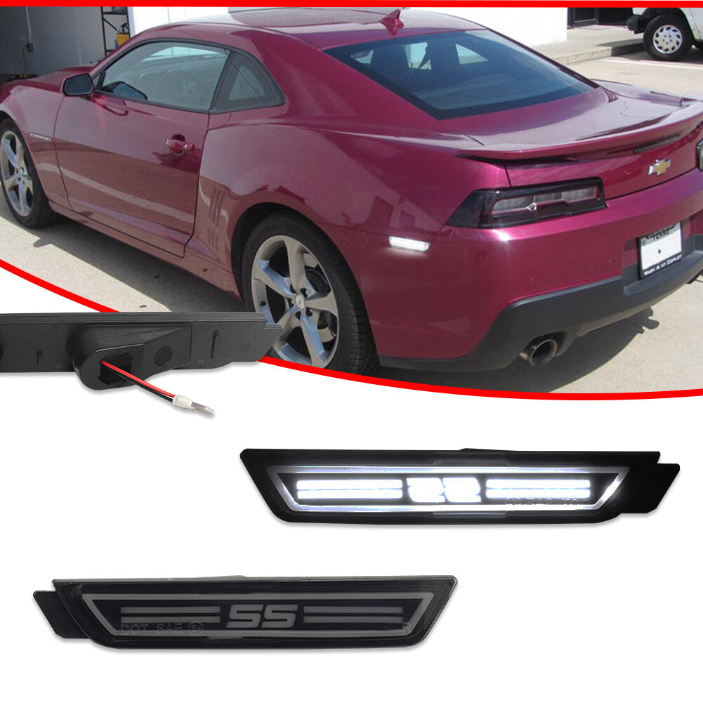 Applicable to 2010-2015 for Chevrolet Camaro rear bumper side markers with white LED lights.