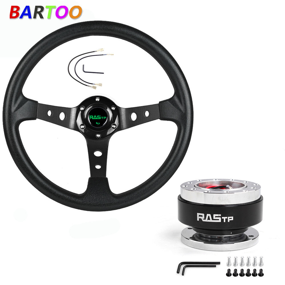 14 6 Hole Drifting Racing Steering Wheel +Quick Release Adapter Black Aluminum