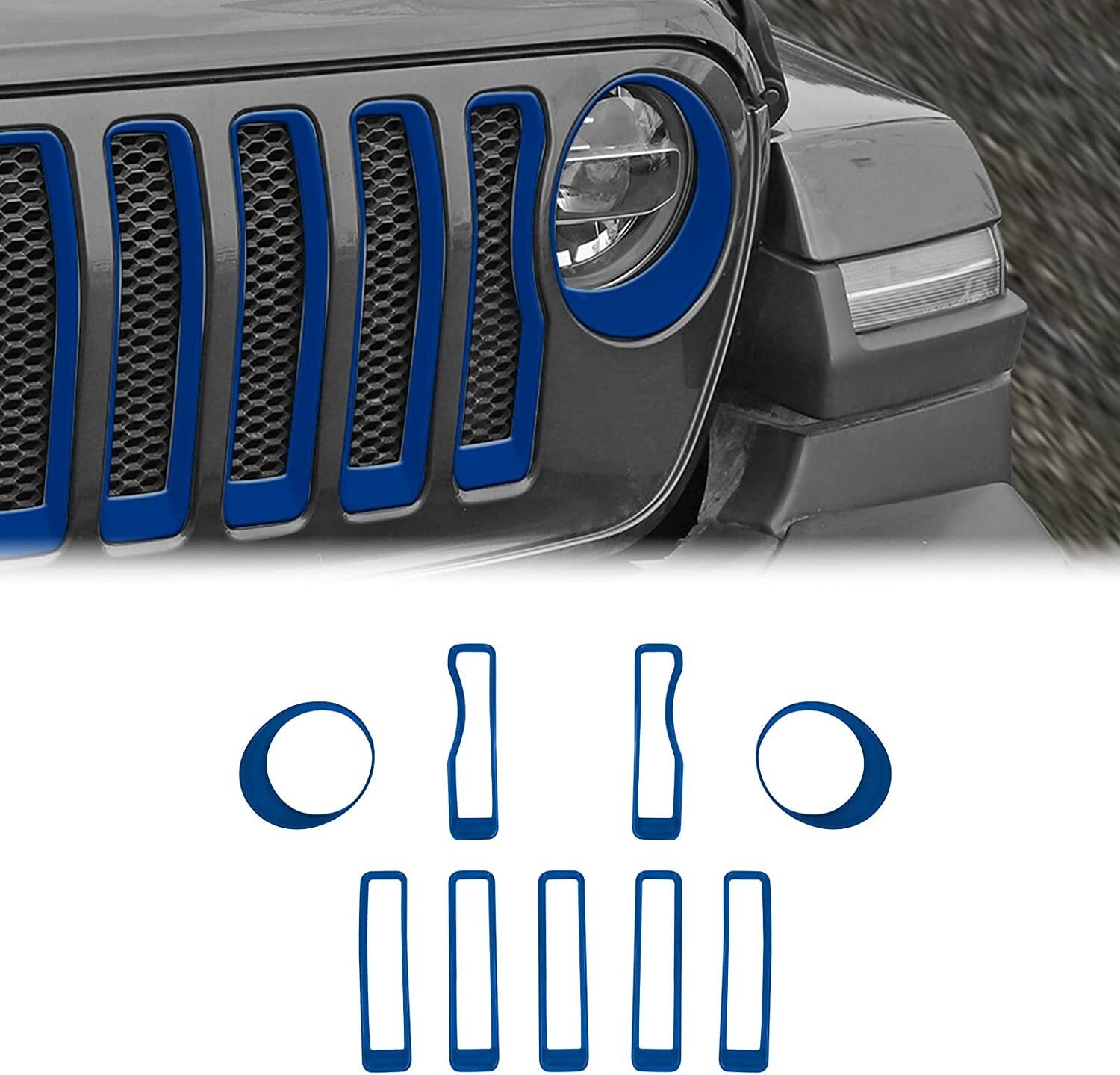 Blue front grille mesh inserts and headlight trim covers are available on the for Jeep for Wrangler JLU