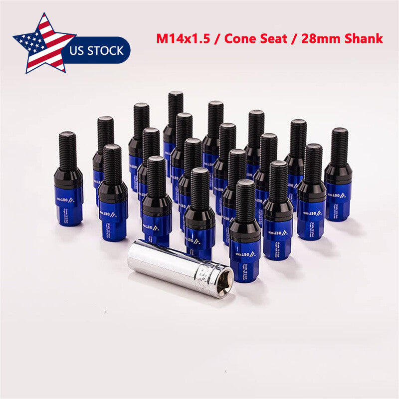 20PCS M14x1.5 Blue Wheel Lug Bolt 28mm Shank Cone for Seat Stud for Most Aftermarket