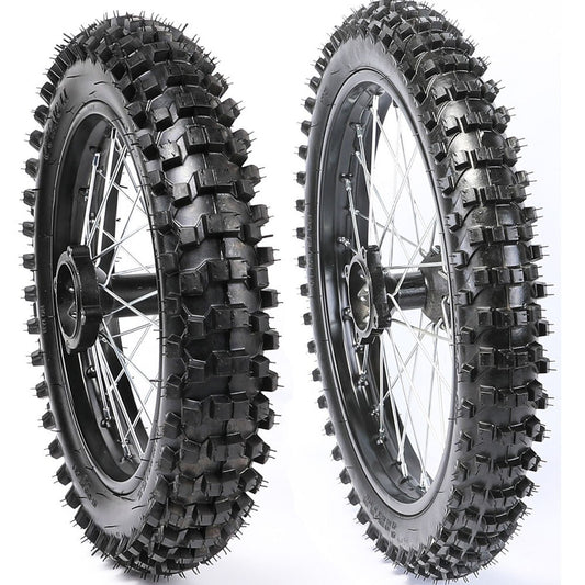 17-inch and 14-inch wheels, 70/100-17 and 90/100-14 tires and rims suitable for SSR 125cc and 110cc off-road bikes.