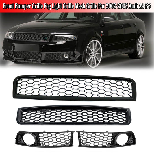 4-piece front bumper grille, center mesh grille, fog lights, barbecue grille for 2002-05 for Audi A4 B6
