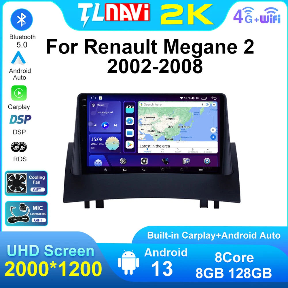 Car Radio CarPlay for Renault Megane 2 2002-2008 Multimedia Player GPS Screen 4G