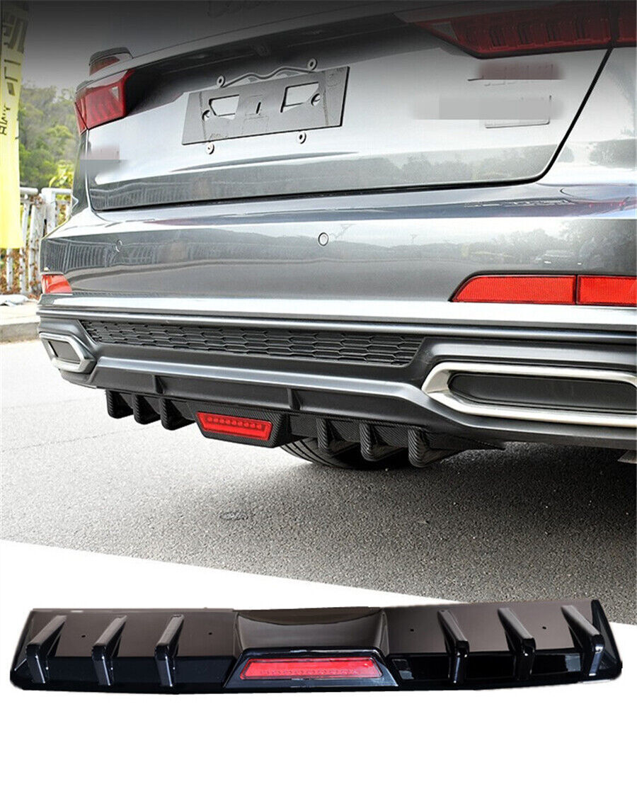 Universal Rear Bumper Diffuser Lip Spoiler Glossy Black w/ Decoration Red Light