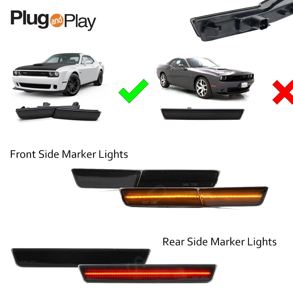 4-Pack Front and Rear Smoke Lens LED Side Marker Lights for 2018-2022 for Dodge for Challenger