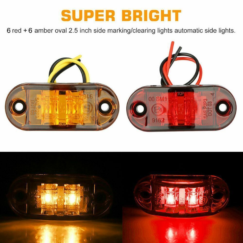12-Pack Side Marker Lights 2.5-inch LED Truck Trailer Oval Gap Lights Amber and Red