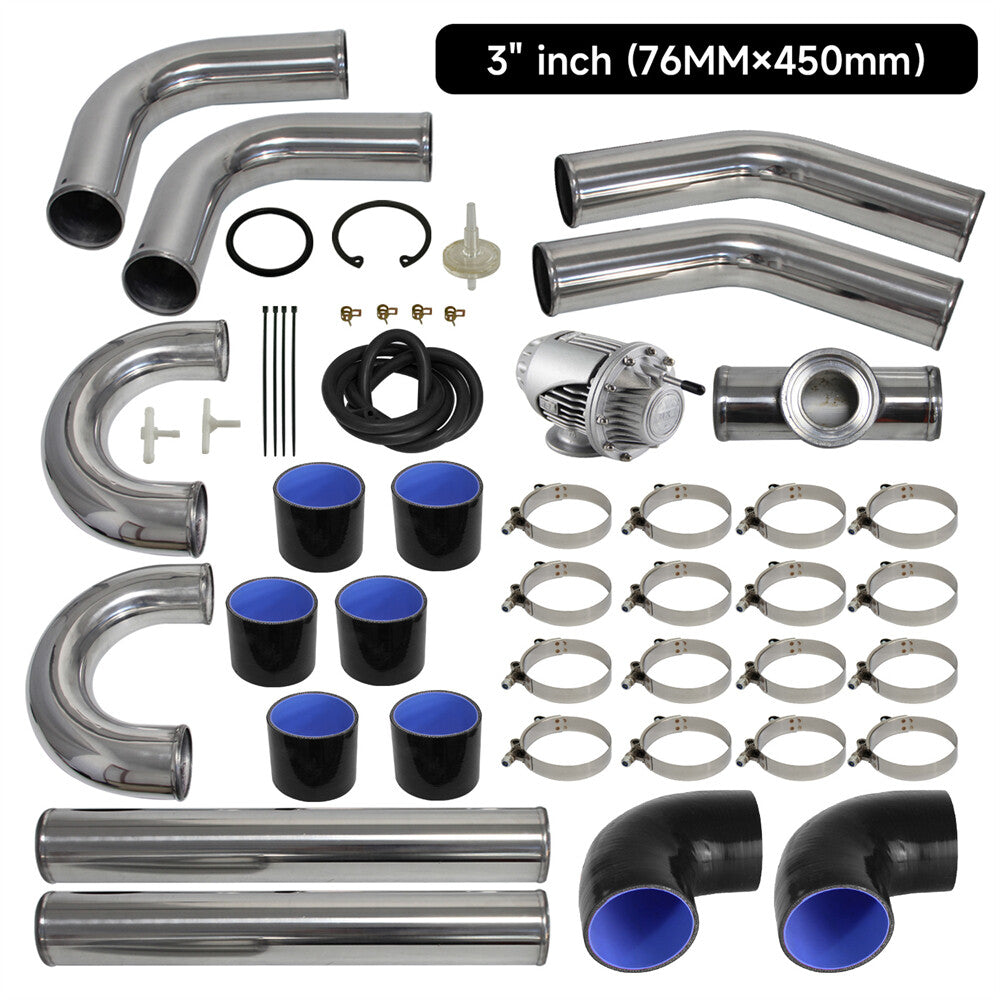 3 76mm Universal Intercooler Piping Kit + BOV Turbo Blow Off Valve Kit Black