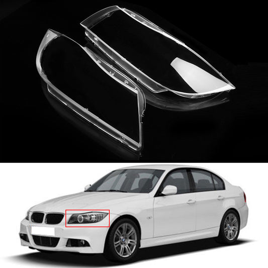 A pair of transparent headlight lens covers and transparent xenon lenses suitable for BMW 3 Series E90/E91 2005-2012