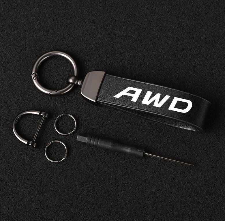 Black leather horseshoe buckle accessory for Volvo AWD car keychains/rings.