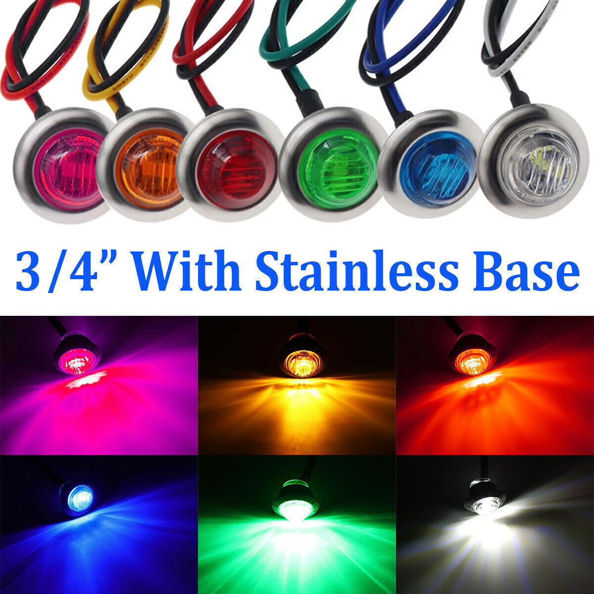 Round 3/4'' LED Side Marker Lights Car Truck Trailer Amber Stainless Base Lamp