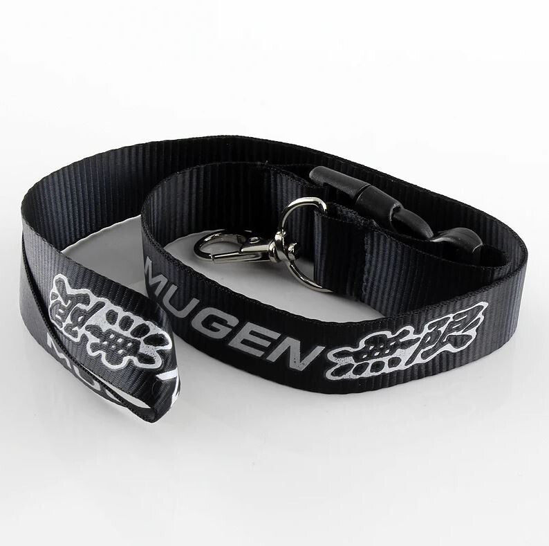 Car keychain, key ring, badge, lanyard, neck strap, black, for Mugen, for Acura and for Subaru .