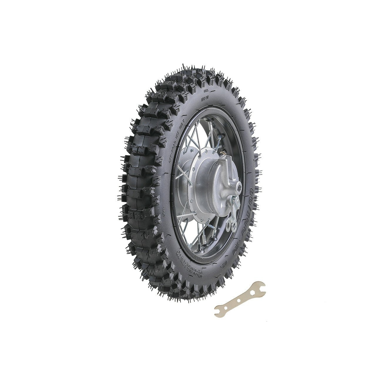 12-inch and 10-inch wheels, front 60/100-12, rear 80/100-10 tires, rims, dirt pits, bike path