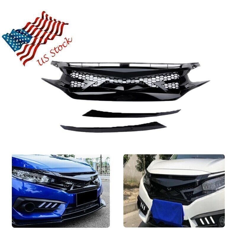 Gloss Black Mesh Front Hood Grille for Honda for Civic 10th 2016-2021 21
