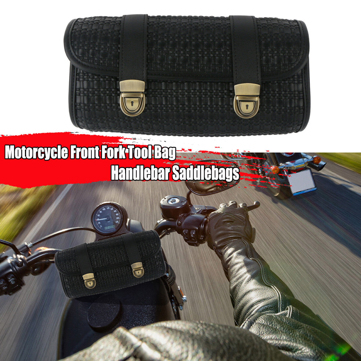 Saddlebag, motorcycle fork tool bag, polyurethane synthetic leather handlebar waterproof black
