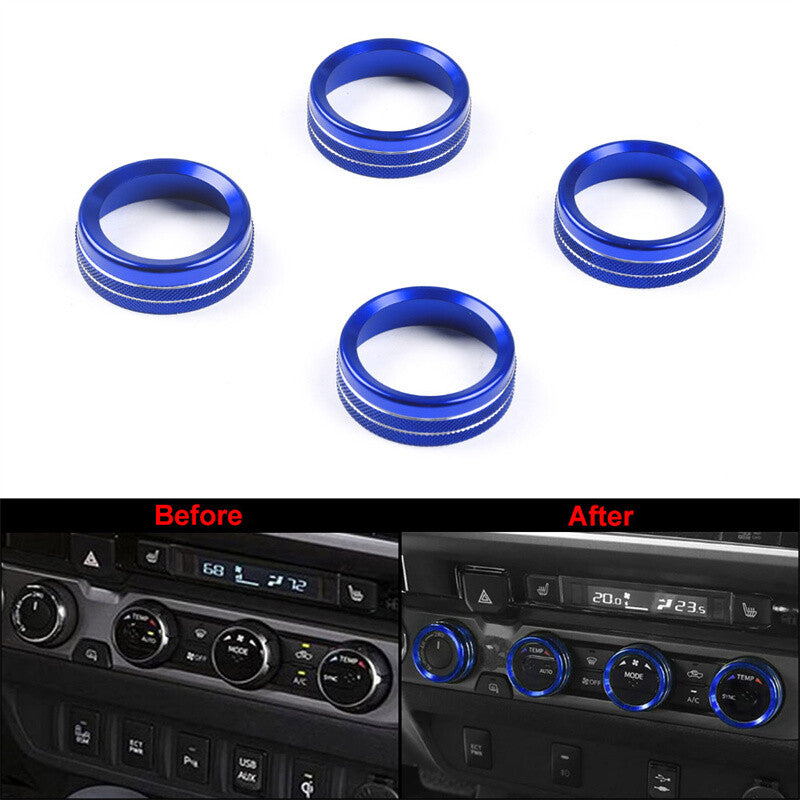 Blue air conditioning AC switch, audio CD button, knob cover trim for Toyota Tacoma