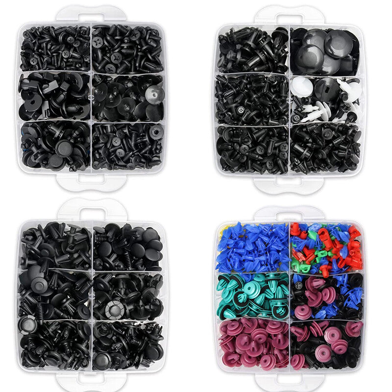 1295-piece set of universal automotive body rivets, bumper panel fasteners, and clips with tools.